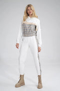 Pantalon survêtement femme tissu synthétique décontracté blanc élégant bandes carreaux confort ceinture élastique