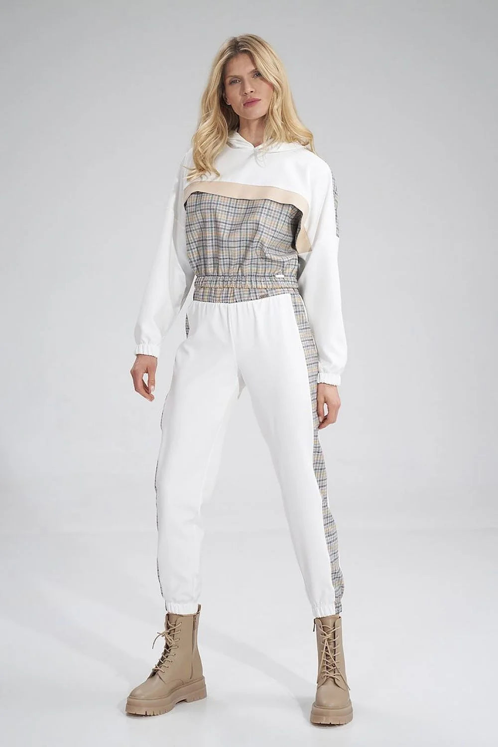 Pantalon survêtement femme tissu synthétique décontracté blanc élégant bandes carreaux confort ceinture élastique