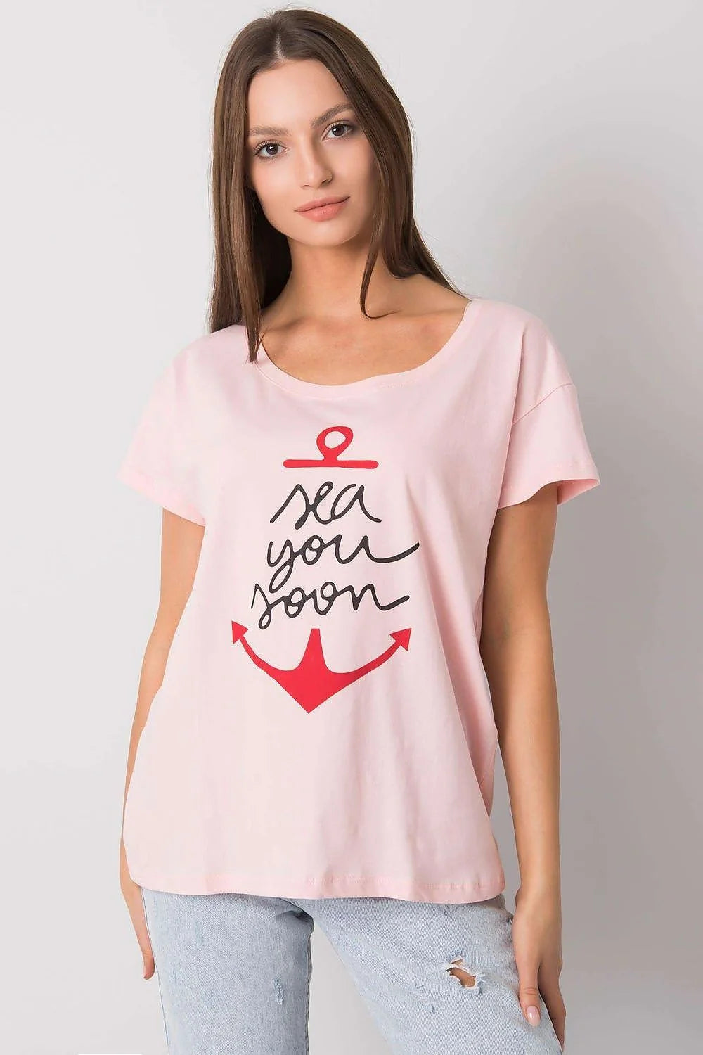 T-shirt pour femme design ancre 'sea you soon' vert menthe manches courtes col rond ajusté