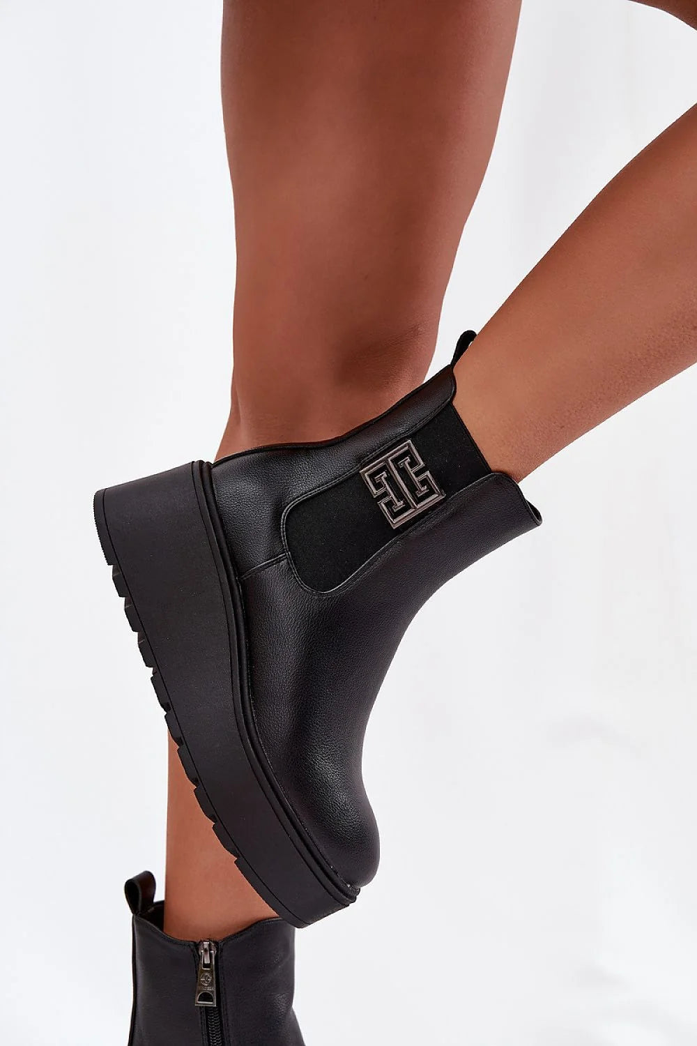 bottines Vinceza femme simili cuir grainé chelsea zip latéral plateforme épaisse crantée talon bloc compensé bout rond doublure chaude décoratif