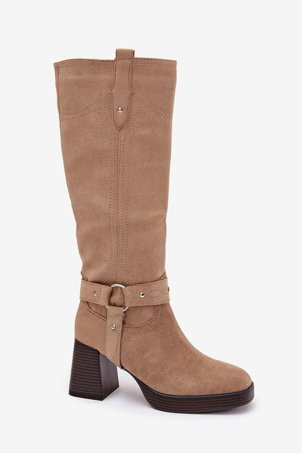 bottes femme hauteur genou suédine écologique taupe bottier talon 8cm bloc bout amande fermeture éclair intérieure doublure synthétique