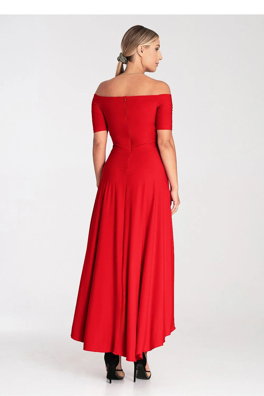 Robe de soirée élégante asymétrique sans épaules dos nu zippered maxi longueur genou évasée couleur rouge vif polyester elasthanne femme