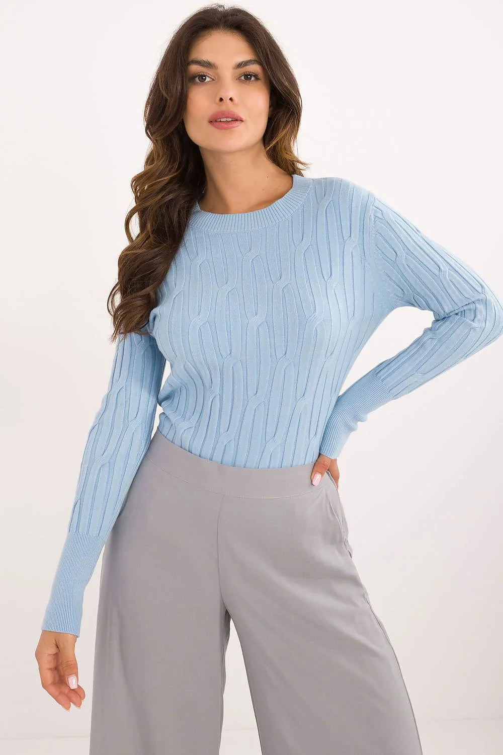 Pull côtelé et pantalon ample pour femme en bleu clair et gris, ajusté, longues manches, col rond, coupe haute