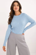 Pull côtelé et pantalon ample pour femme en bleu clair et gris, ajusté, longues manches, col rond, coupe haute