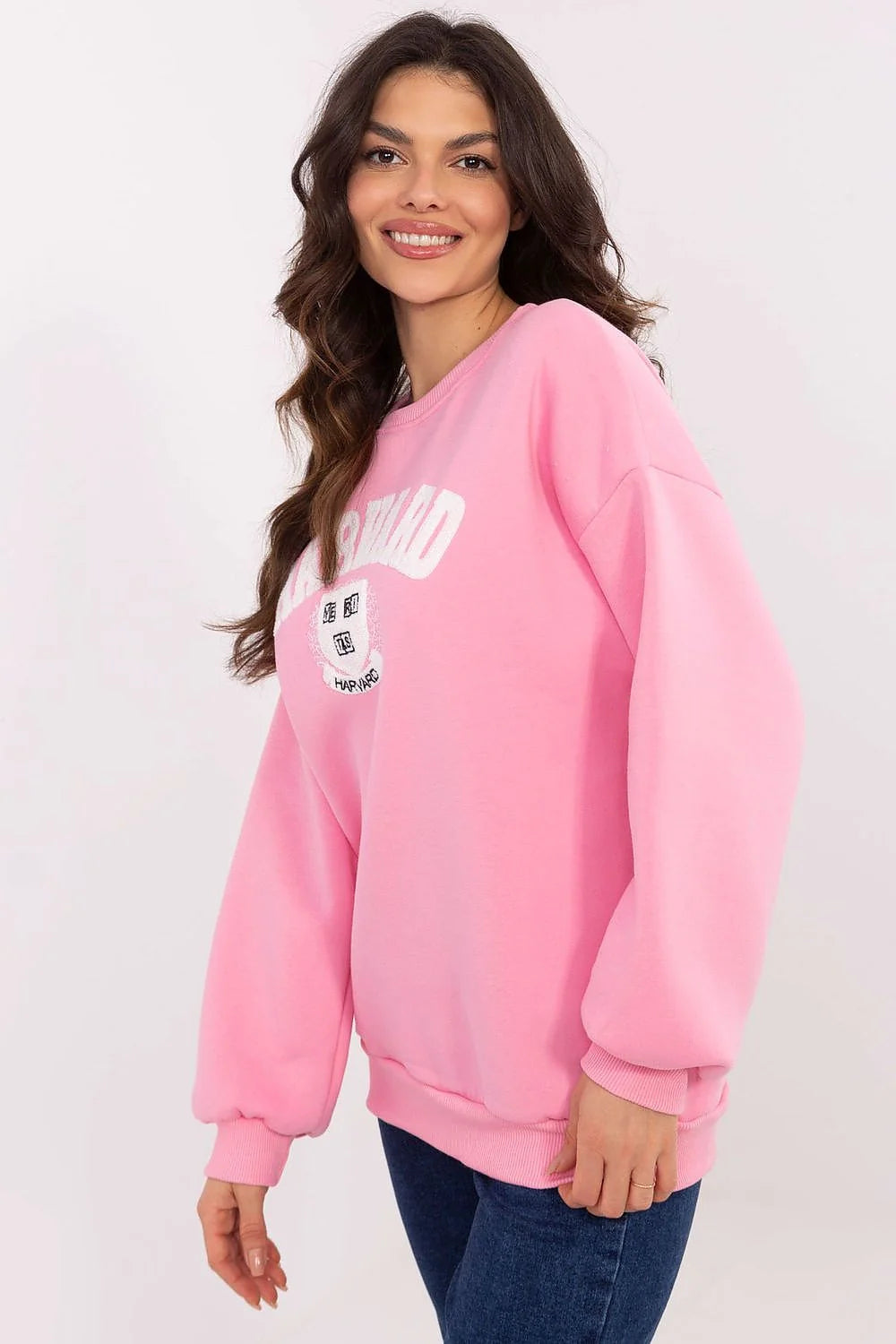 Sweatshirt femme pastel rose manches longues col rond Harvard print coton polyester loose fit