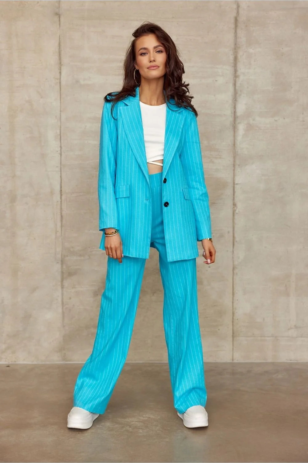 Pantalon femme Roco Fashion style palazzo large legueur hauteur taille bleu clair rayures blanches tissu léger aérien confort style casual chic