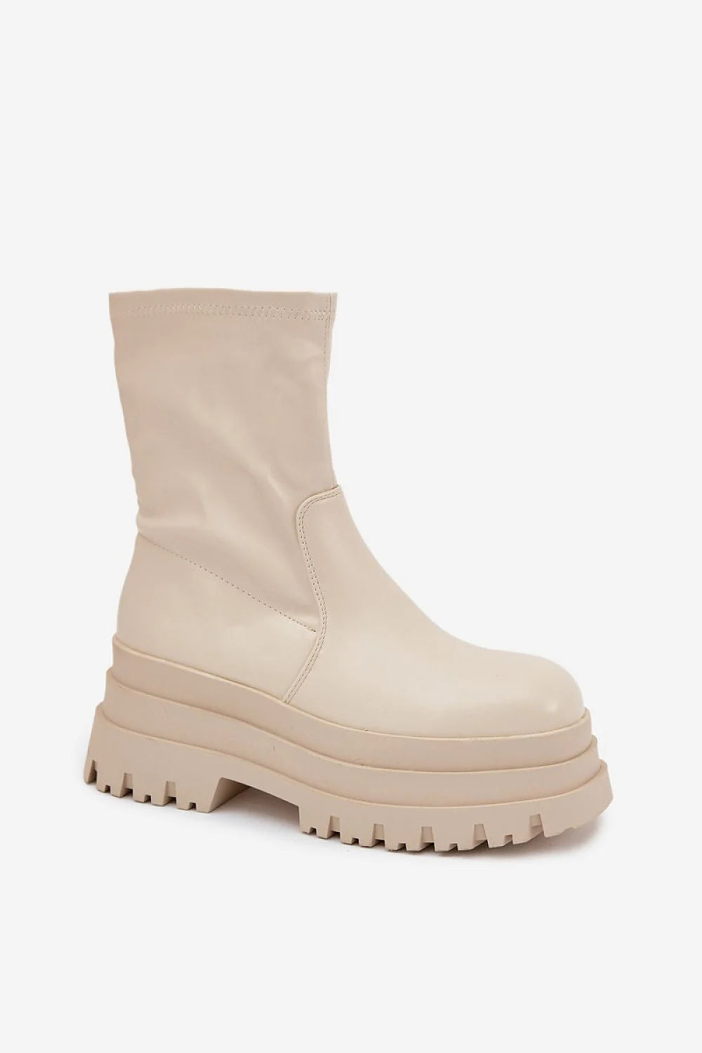 bottines femme simili cuir beige plateforme massive crantée chunky semelle antidérapante bout rond fermeture éclair latérale doublure peluche chaleur
