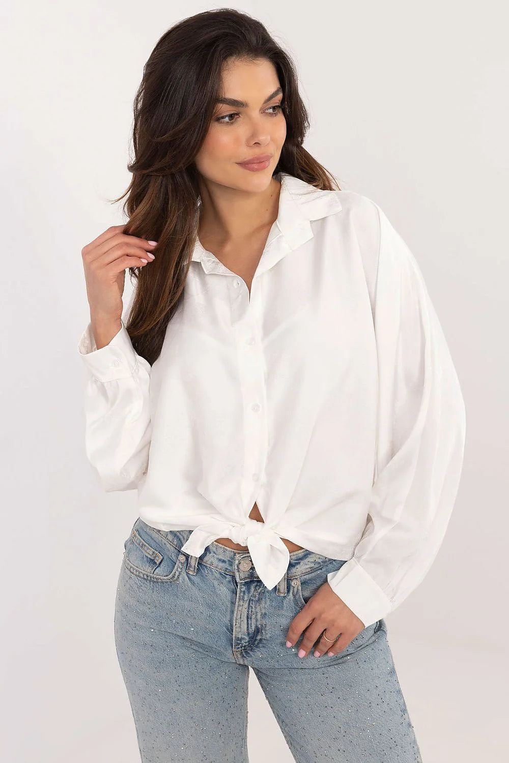 Chemise manche longue à col classique tissu coton blanc nœud à la taille femmes style décontracté moderne