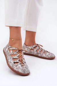 Ballerines décontractées design ajouré cuir naturel gris beige marbré lacets plats femmes confort quotidien