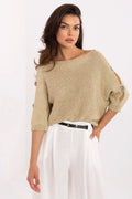Chandail ajouré pour femme en viscose avec fil métallique, manches 3/4, col rond, style élégant, coupe ample, look moderne et sophistiqué, mode femme, vêtement confortable et stylé