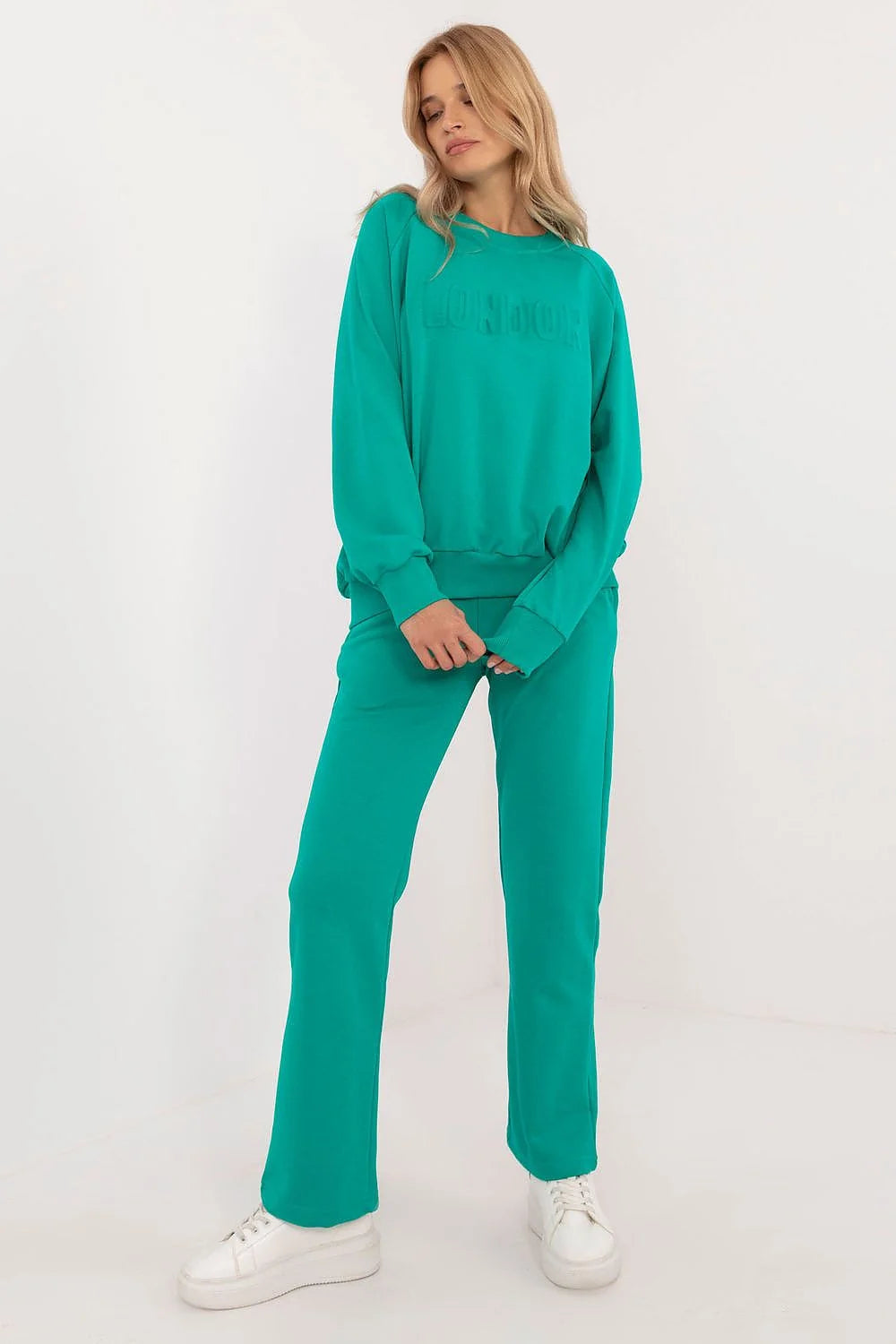 ensemble casual femme sweatshirt pantalon assortis oversize col rond manches longues molleton coton polyester vert turquoise côtelées poignets