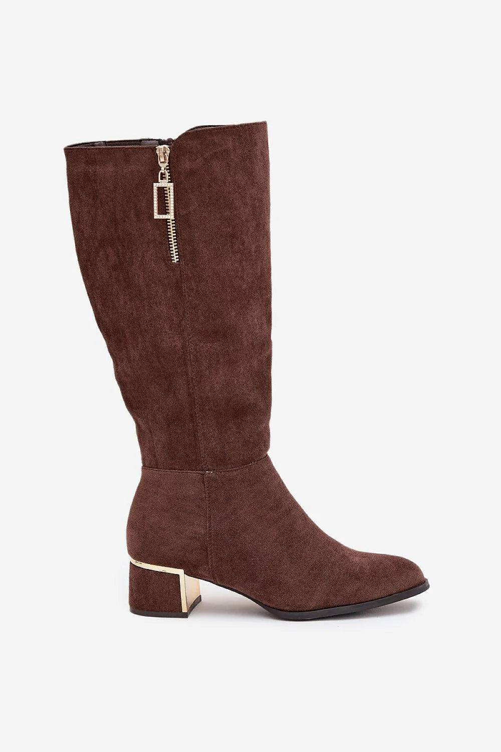 bottes femme suède chocolat tige mi mollet bout amande talon bloc bas insert doré miroir fermeture éclair latérale