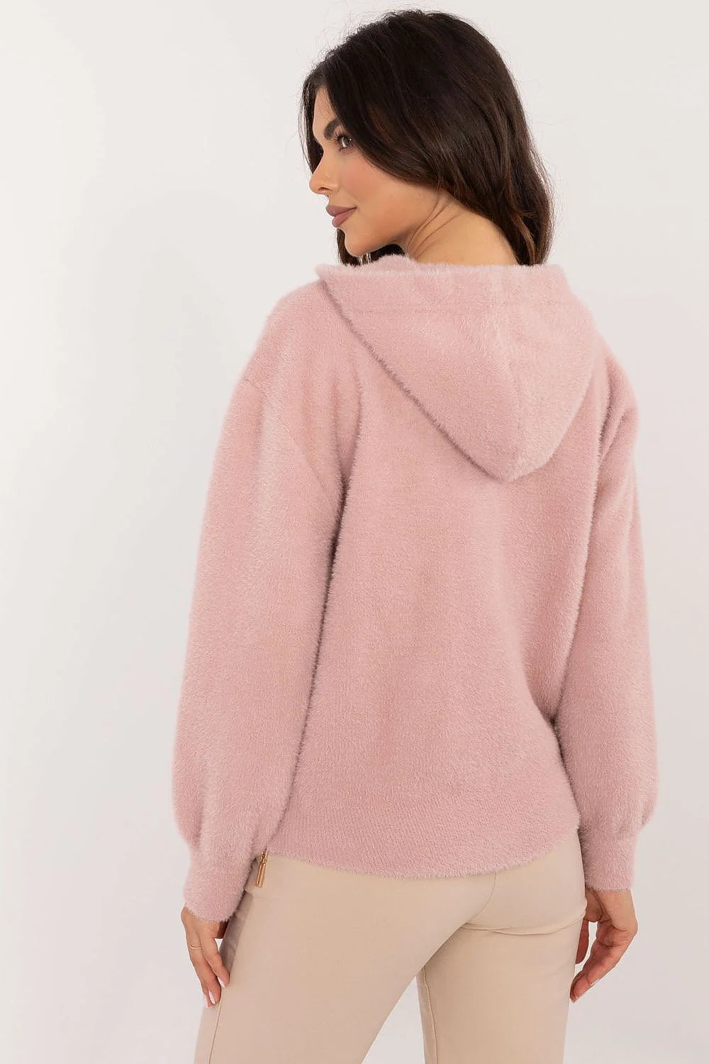 Veste MBM pour femme en laine et polyester, style décontracté, couleur rose pastel, capuche intégrée, fermeture éclair dorée, poches plaquées, manches longues, coupe ample