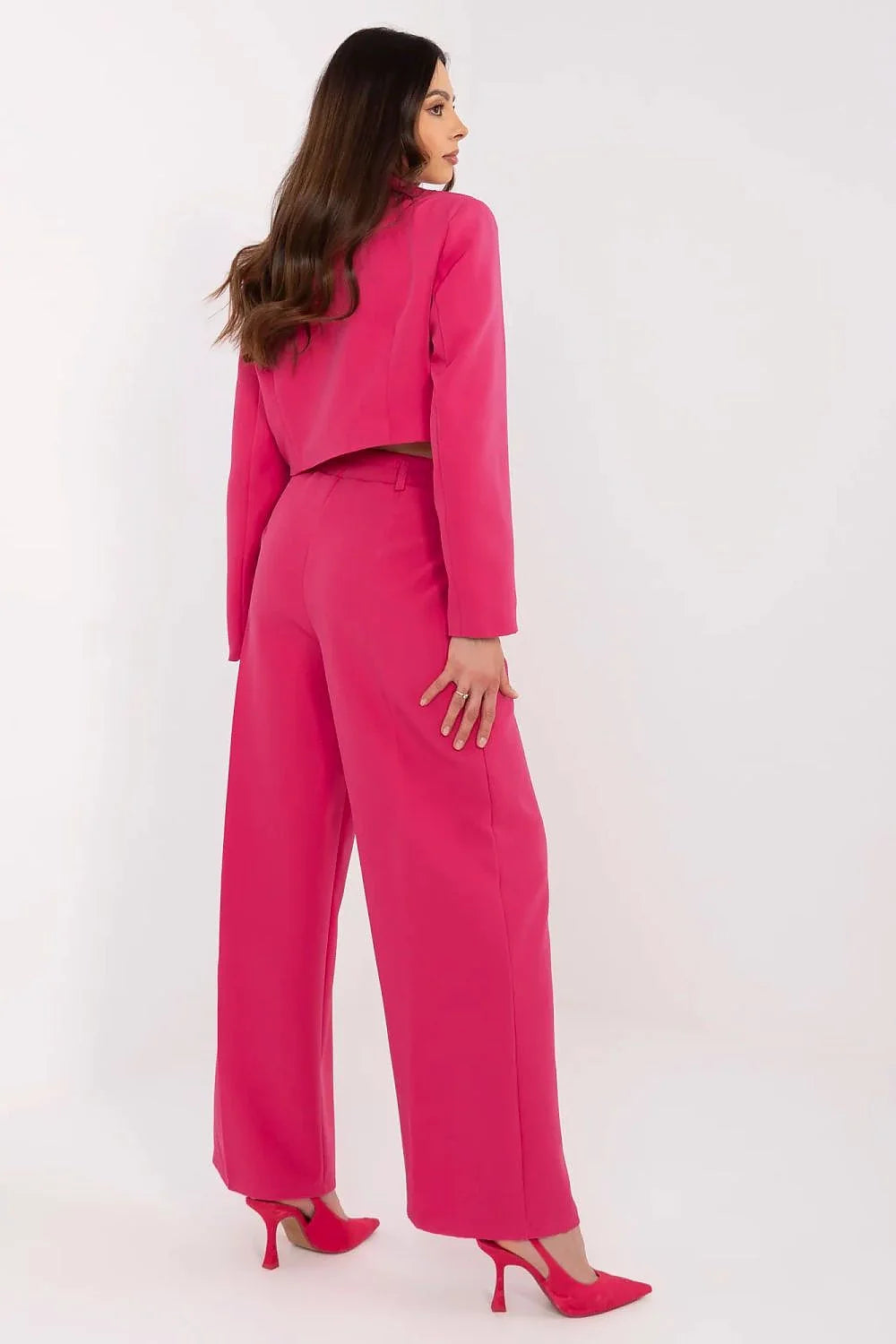 Ensemble Italy Moda moderne audacieux pour femme en polyester et elastane, rose vif, veste courte et pantalon taille haute
