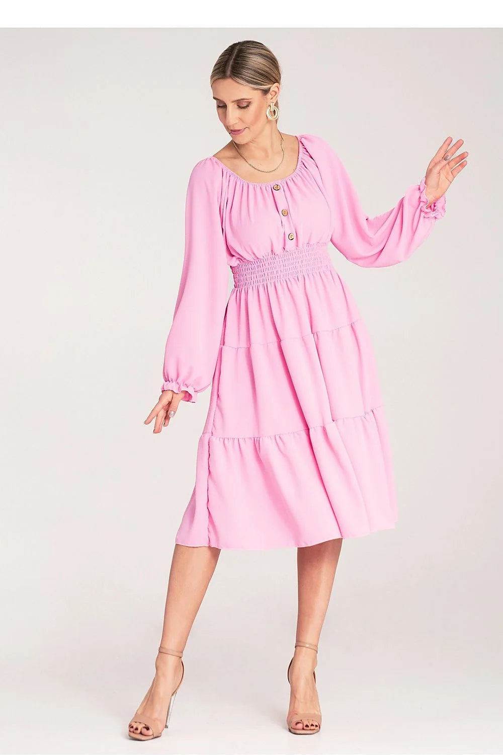 Robe de jour élégante off-shoulder manches longues en rose vif tissu fluide élasthanne polyester femme