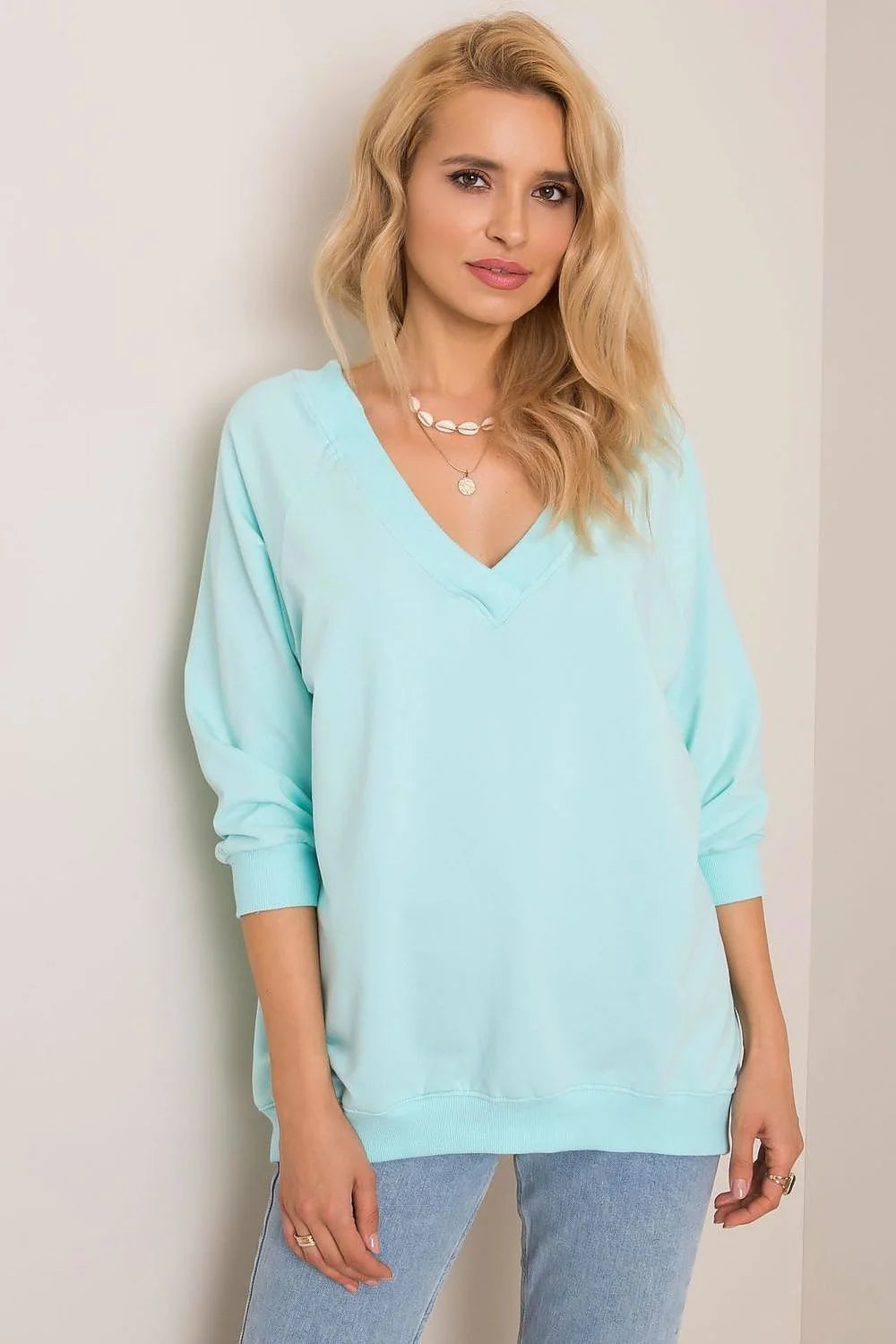 sweatshirt femme oversize col V menthe pâle tunique ample molleton léger manches raglan poignets bordcôte base côtelée layering casual décontracté