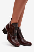 bottines chelsea femme cuir verni bordeaux patiné bout pointu empiècement élastique noir plaque logo métallique talon bloc géométrique semelle profilée