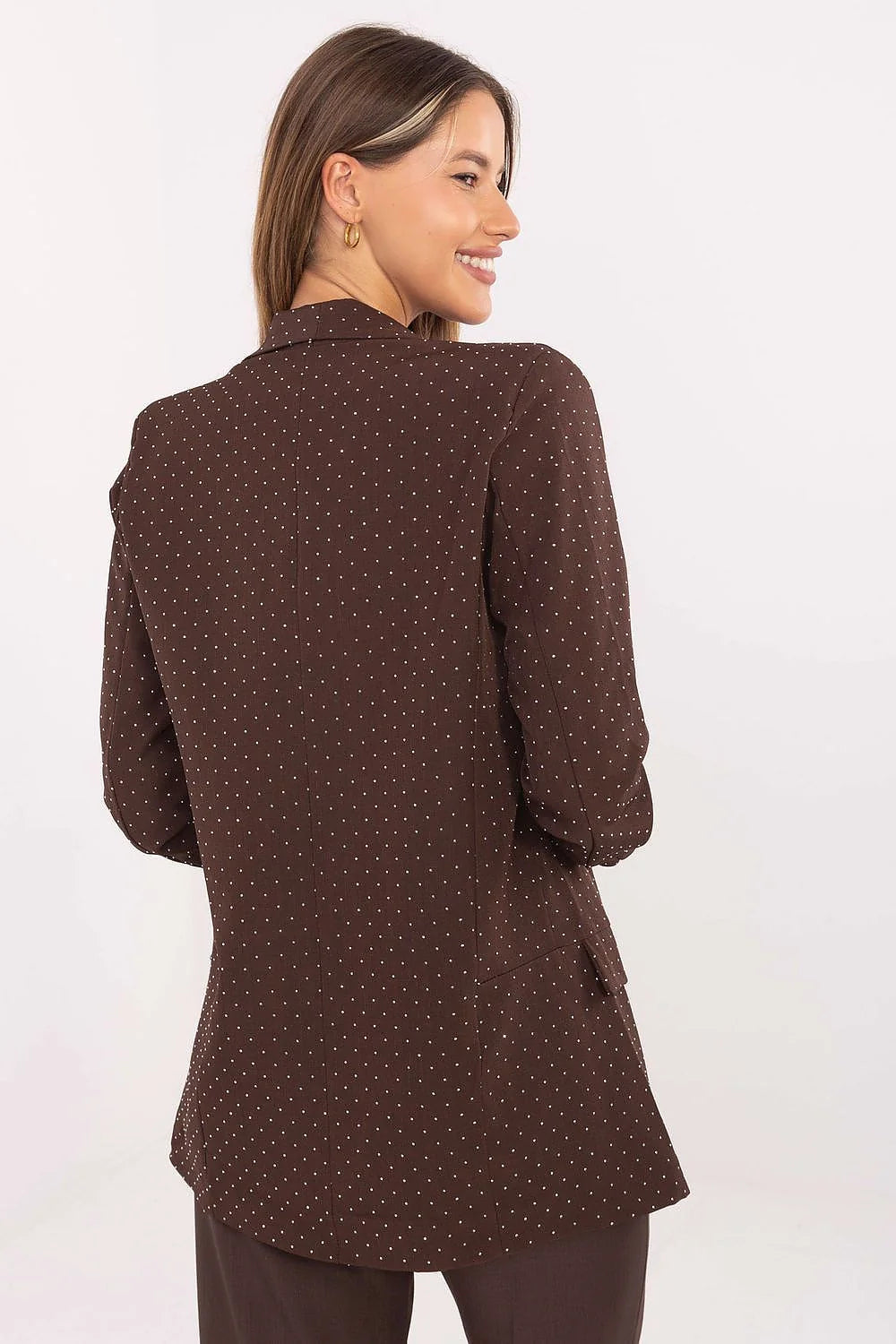 blazer femme longline marron chocolat poisblancs viscose polyester doublure strass scintillants manches troisquarts plisdelicats fronces épaulettes colchâle pochesrabats