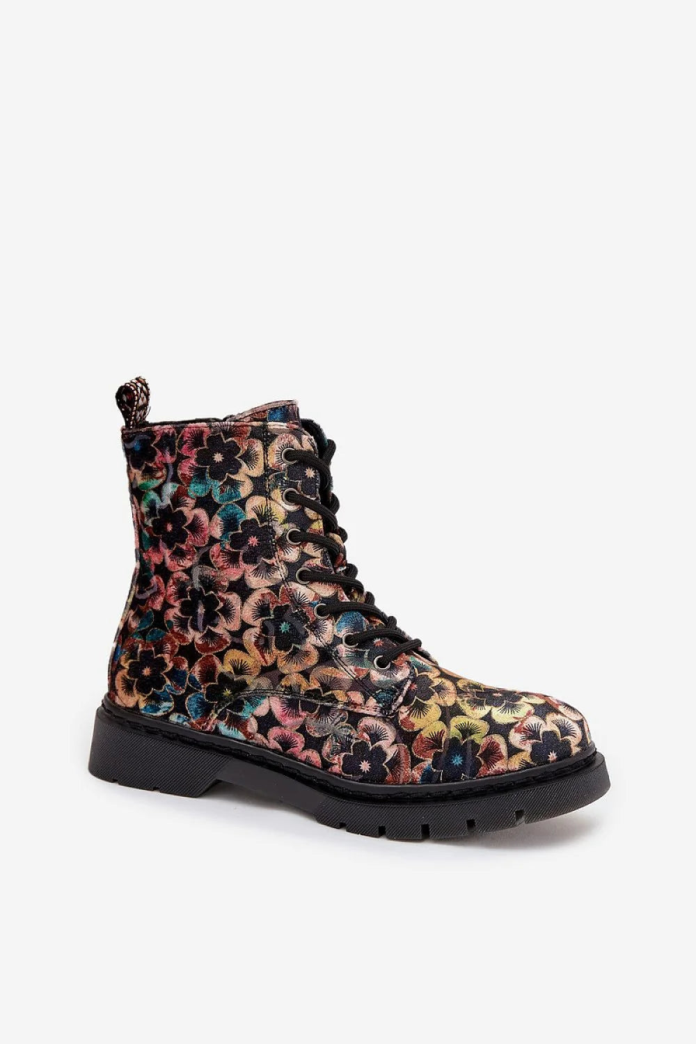 Artiker bottines femme montantes velours brodé floral multicolore lacets œillets métal fermeture éclair latérale doublure chaude semelle crantée caoutchouc adhérence