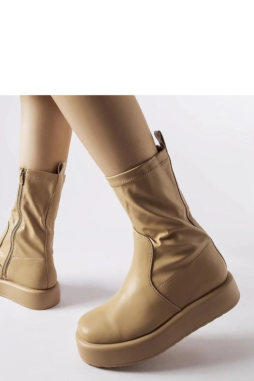 Bottes plateforme beige cuir effet Shadid épurées mi-mollet femmes occasionnels soiree confort résistant humidité