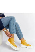 baskets montantes Solea femme jaune moutarde toile robuste semelle caoutchouc épaisse plateforme crantée blanche lacets métalliques rembourrée cheville