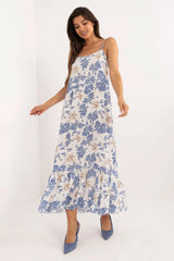 robe longue maxi été bohème floral bleu beige viscose aérée bustier bretelles spaghetti encolure ronde fluide ample volant bas