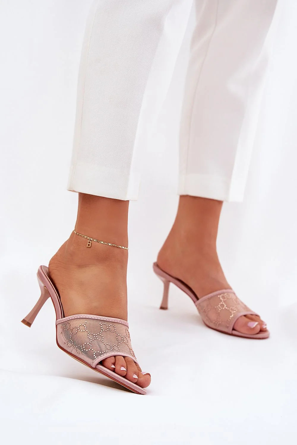 Mules à plateforme stiletto rose poudré tissu maille brodé motifs floraux semelle rembourrée sandales femmes occasions élégantes été