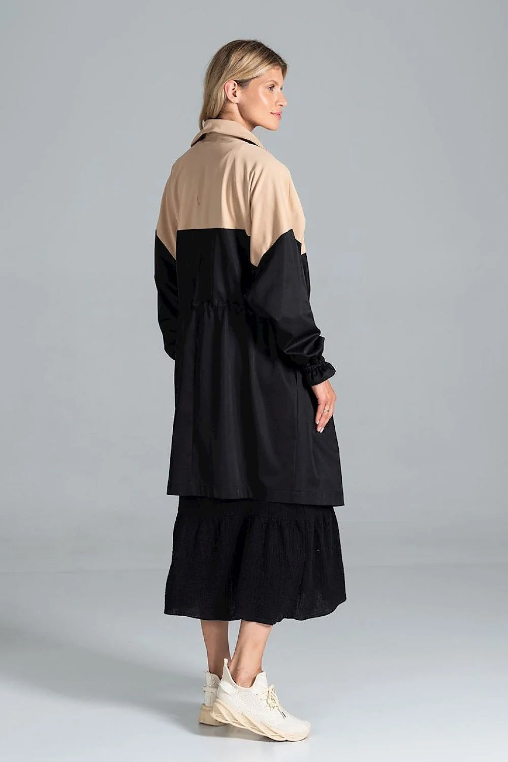 Manteau femme polyester bicolore gris clair beige long élégant urbain capuche mi-saison mode automne