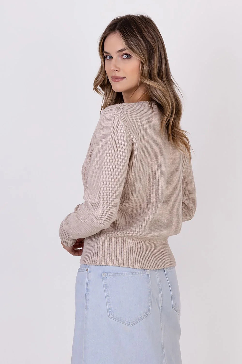 Cardigan élégant pour femme longueur hanches manches longues encolure ronde côtelé tricot torsadé beige clair