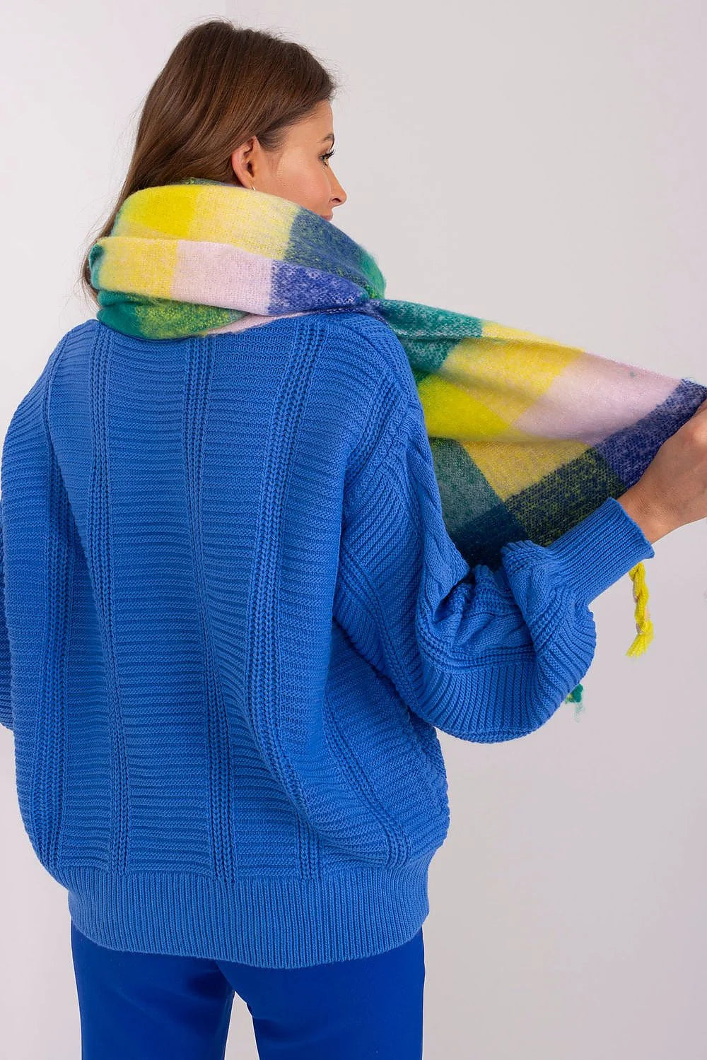 Écharpe longue colorée à carreaux en laine et polyester, style moderne, pompons, franges, idée cadeau femme, automne hiver