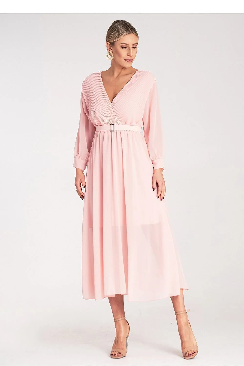 Robe de cocktail élégante longue manches longues col V profond ceinture ajustable femme Polyester 100%