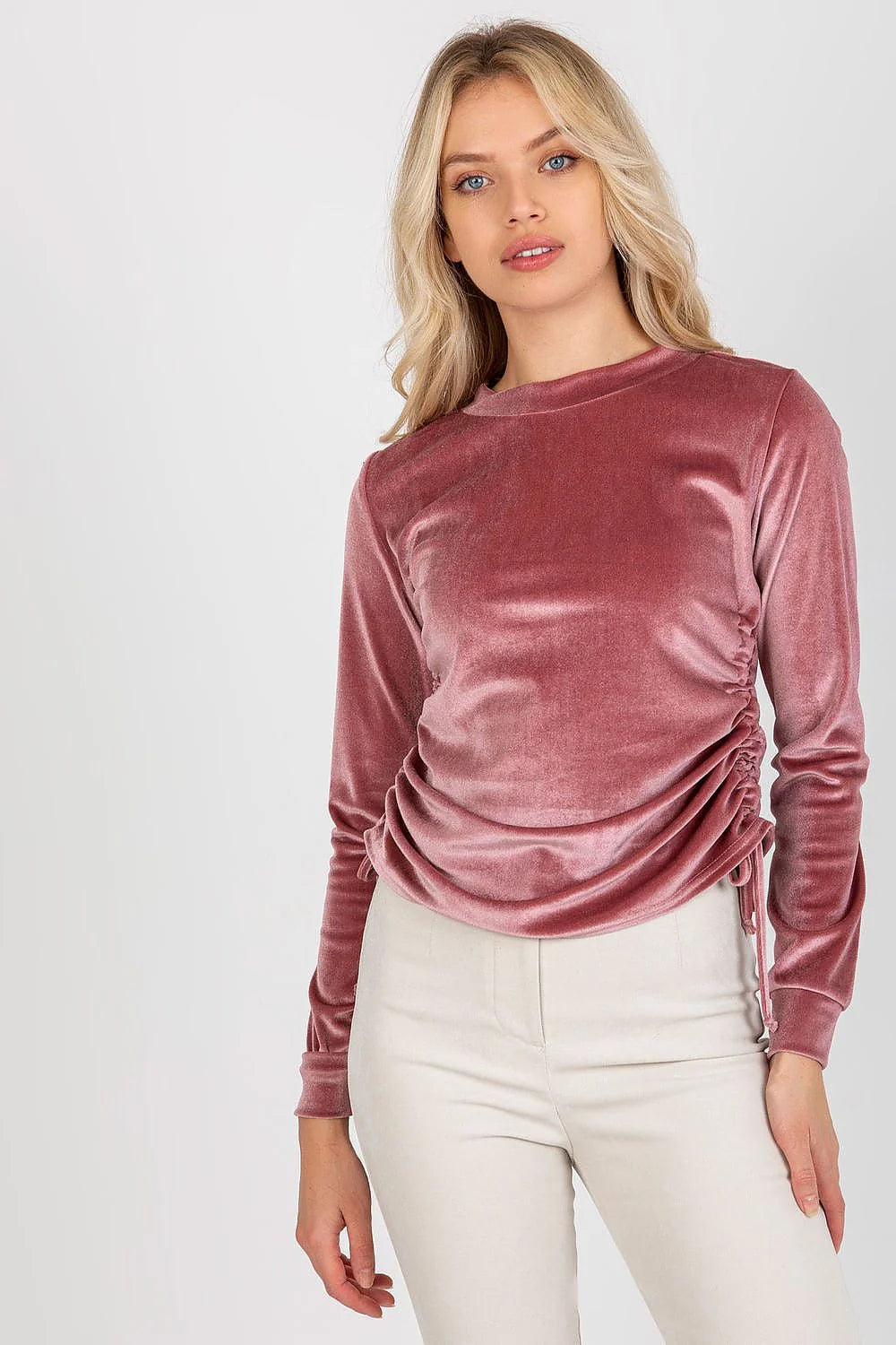 Chemisier Lakerta en velours rose poudré manches longues style moderne élégant femmes occasion spéciale
