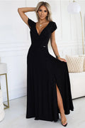 robe longue noire pailletée décolleté V profond manches courtes volantées bustier cintré taille marquée jupe évasée fente latérale