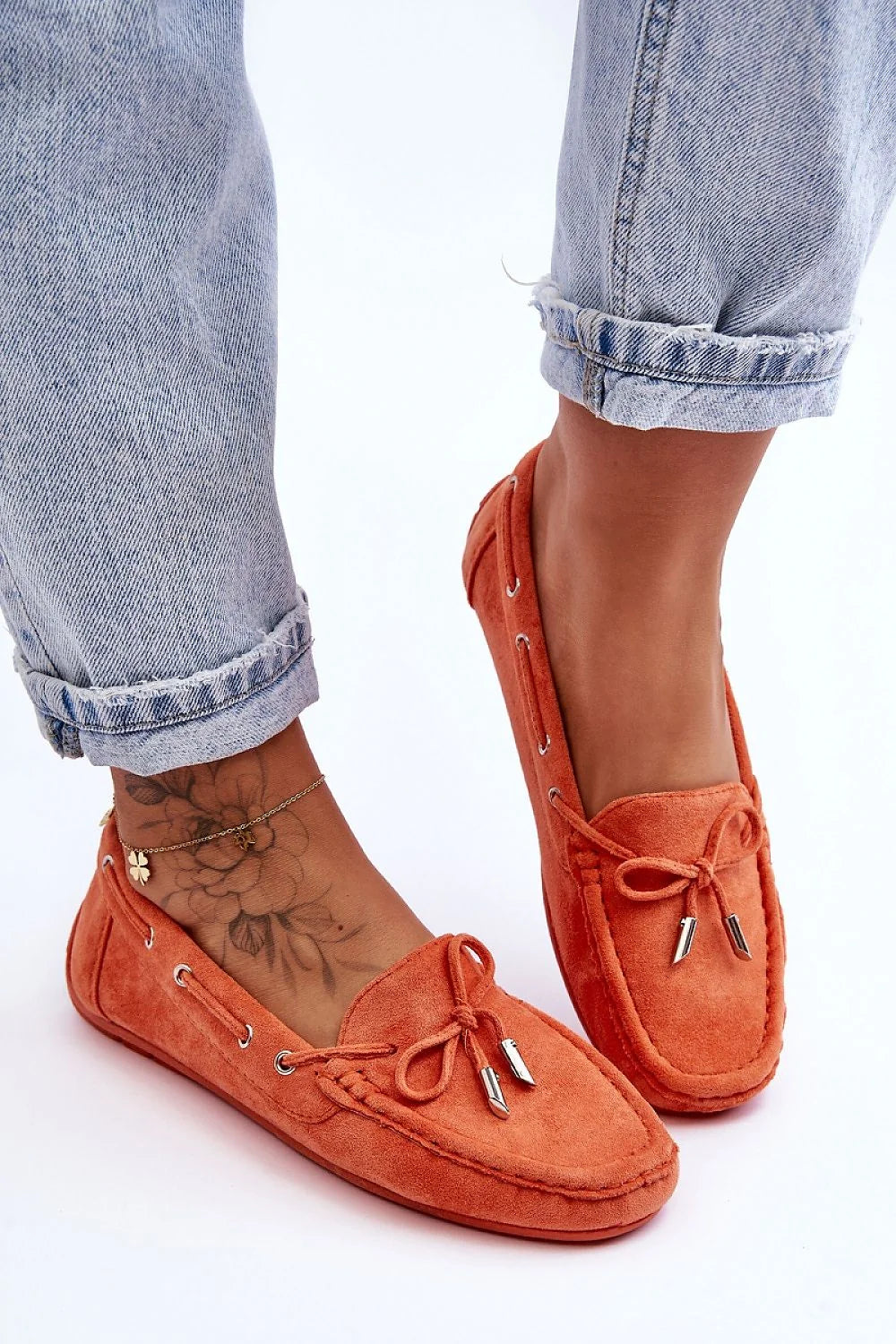 Mocassins classiques femmes suédine écologique nœud métal orange vif marine elements mode casual chic