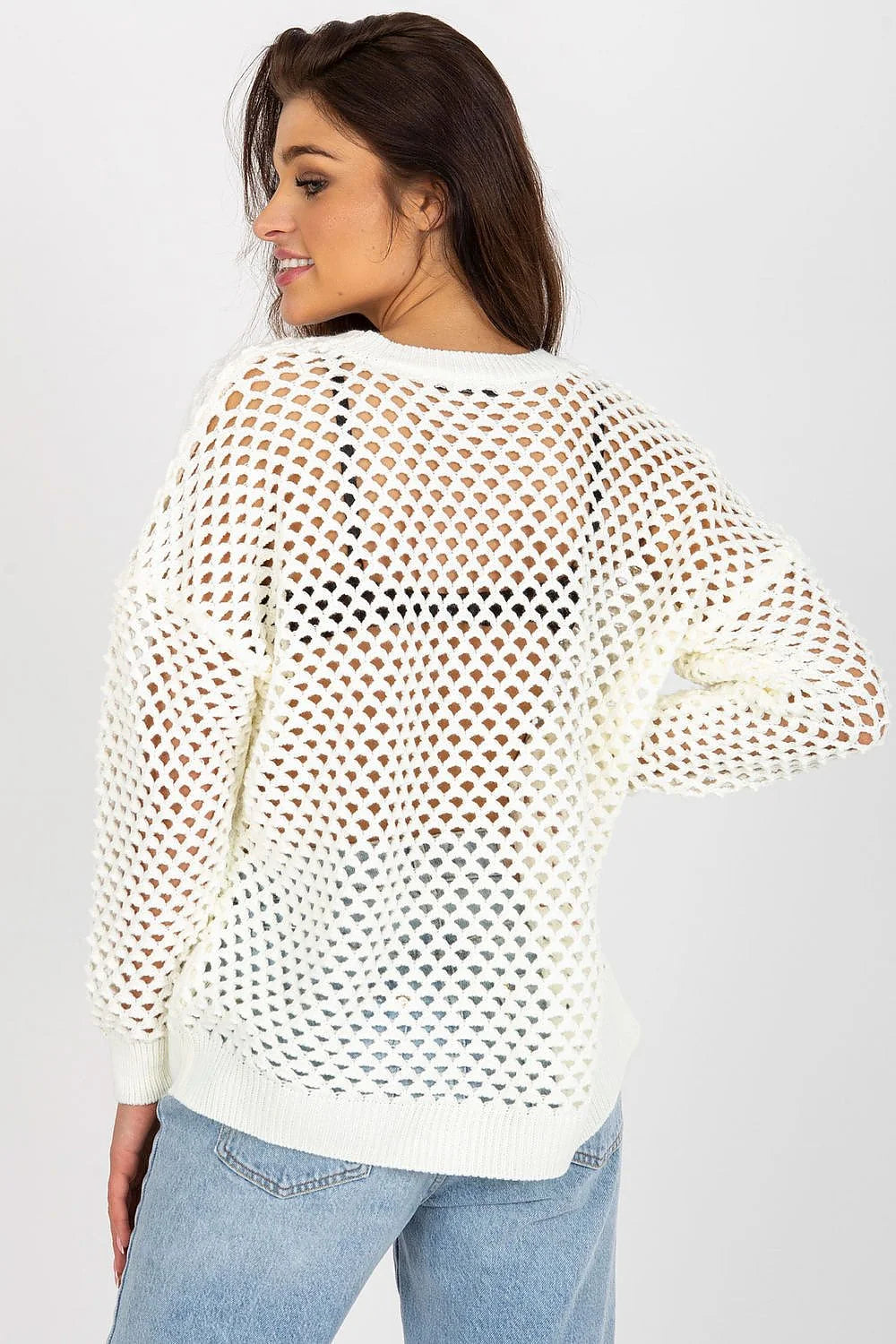 Chandail Badu maille large encolure ronde manches longues maille ajourée coton synthétique blanc femmes été