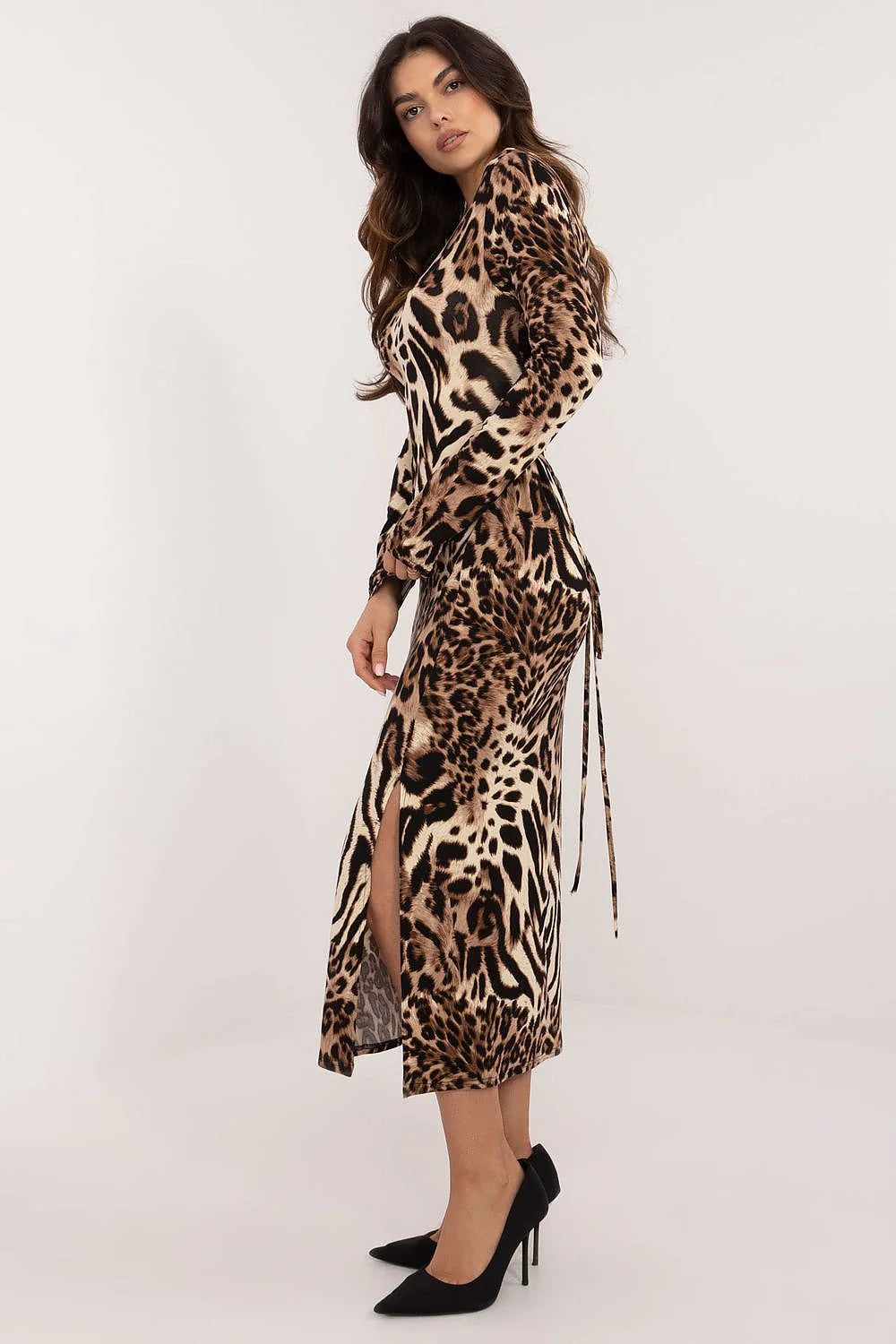 Robe féminine à motif animal longue manches longues coupe ajustée viscose confortable élégance quotidienne travail femme