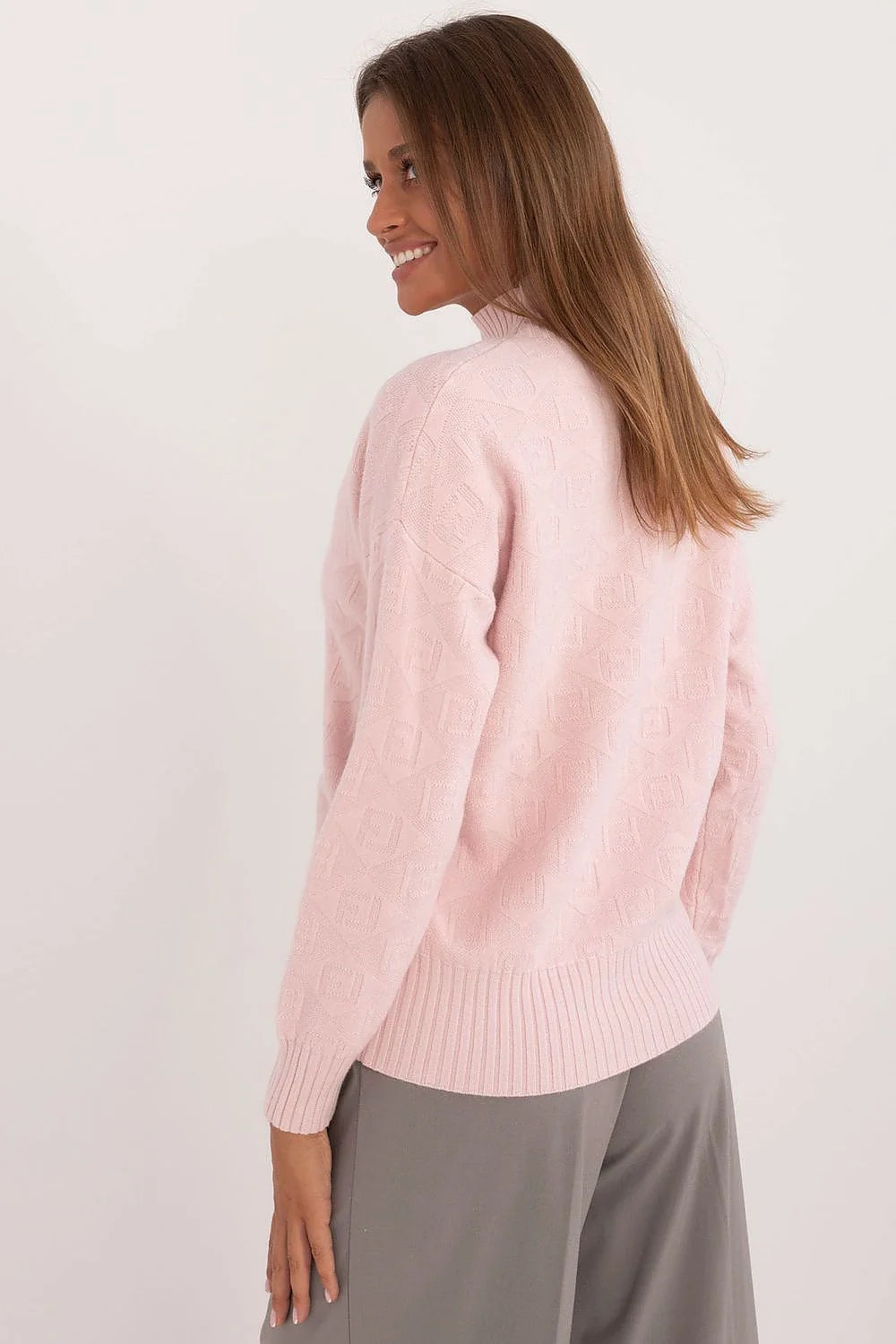 Pull décontracté pour femme en tricot motifs géométriques col roulé manches longues couleur rose pâle