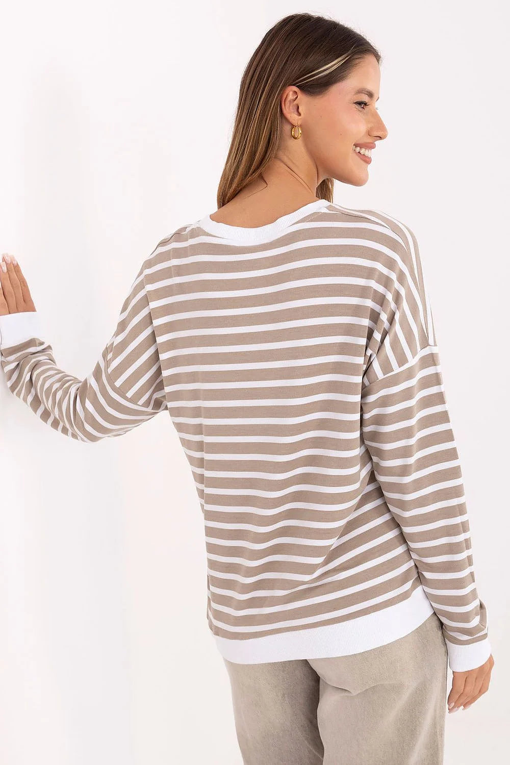chemisier femme oversize décontracté marinière rayures beige sable blanc maille jersey légère encolure ronde manches longues