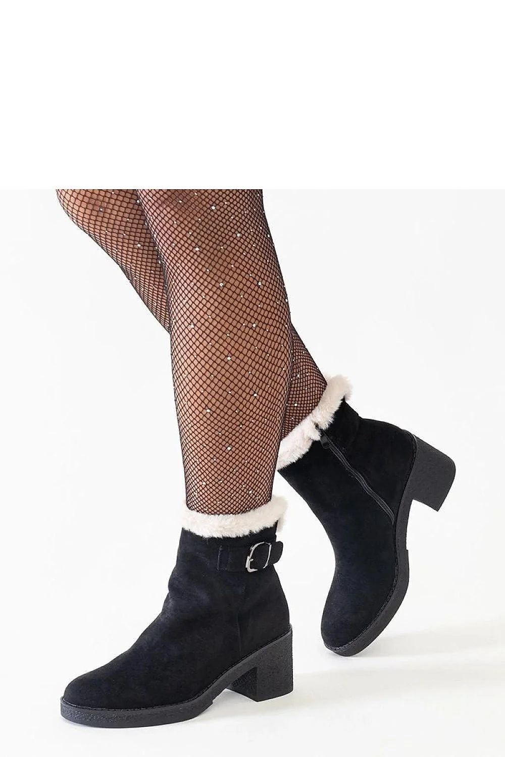 bottes suédine noire fourrure blanche talon carré moyen bout amande cheville ajustée semelle crantée antidérapante élégante