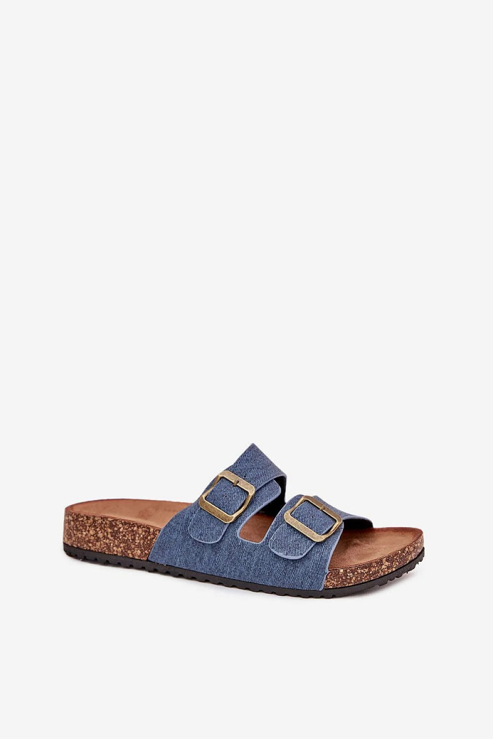 sandales femme mules brides réglables boucles métalliques effet vieilli denim bleu plateforme liège semelle anatomique suédé éco profilée antidérapante crantée