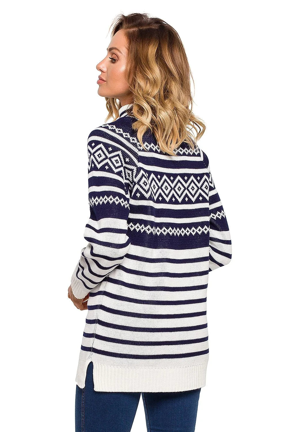 Pull en maille confortable ample motifs géométriques rose blanc col rond hiver pour femmes