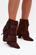 bottines femme suédé marron foncé cheville mihaute bout pointu talon bloc franges lanières boucles dorées plissés fermeture intérieure semelle antidérapante