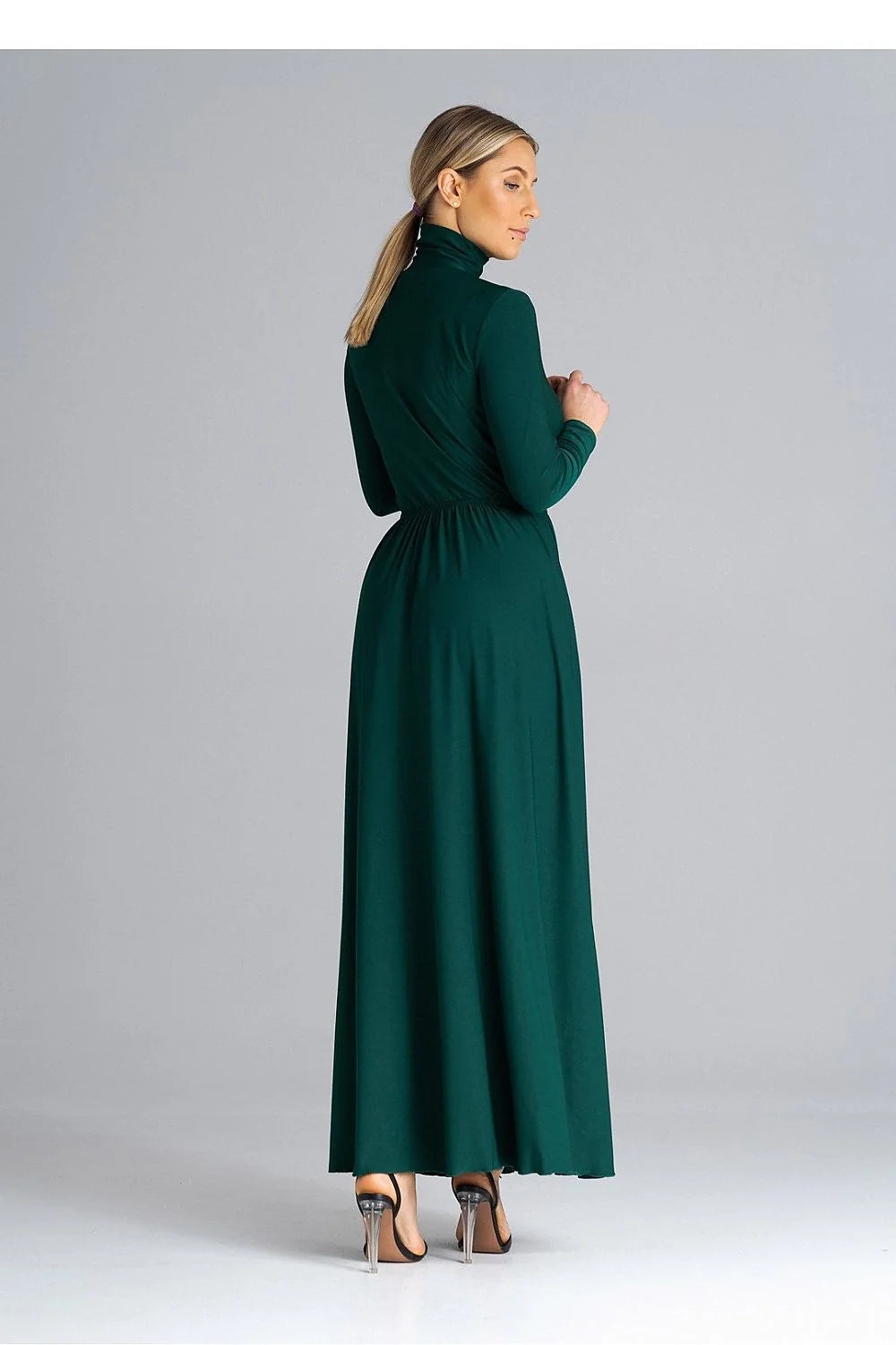 Robe de jour élégante longue manches longues col montant fente frontale vert profond polyester elasthanne femmes