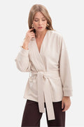 veste kimono ceinturée femme écru jersey structuré extensible coton élasthanne col V profond manches larges poignets oversize ajustable hanches