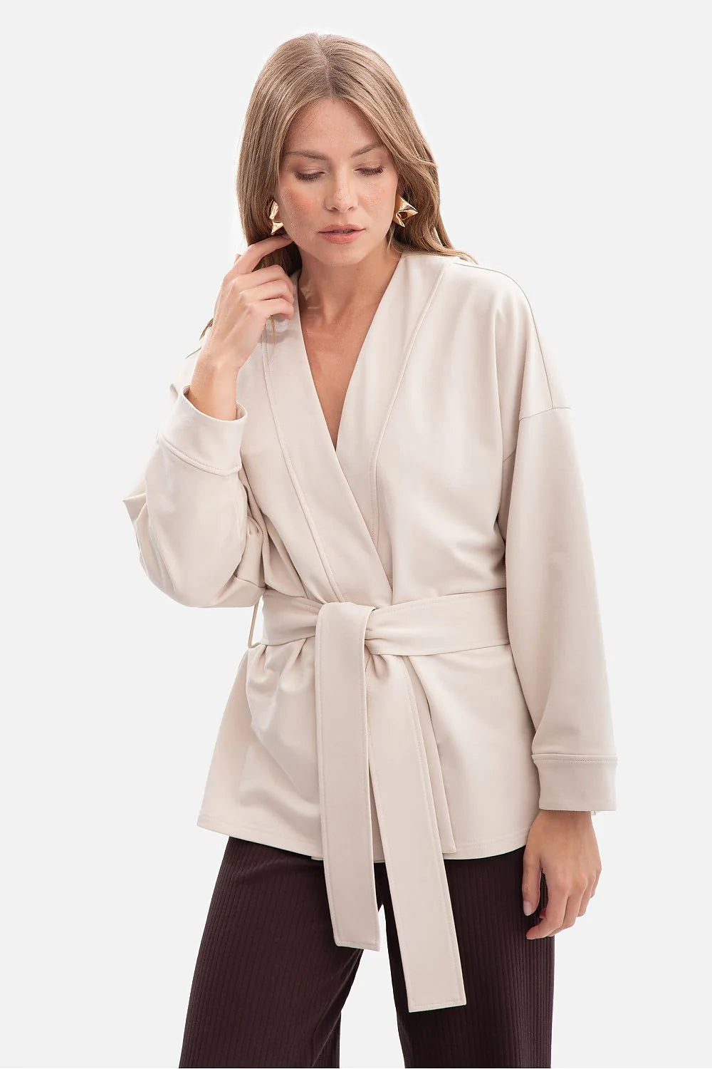 veste kimono ceinturée femme écru jersey structuré extensible coton élasthanne col V profond manches larges poignets oversize ajustable hanches