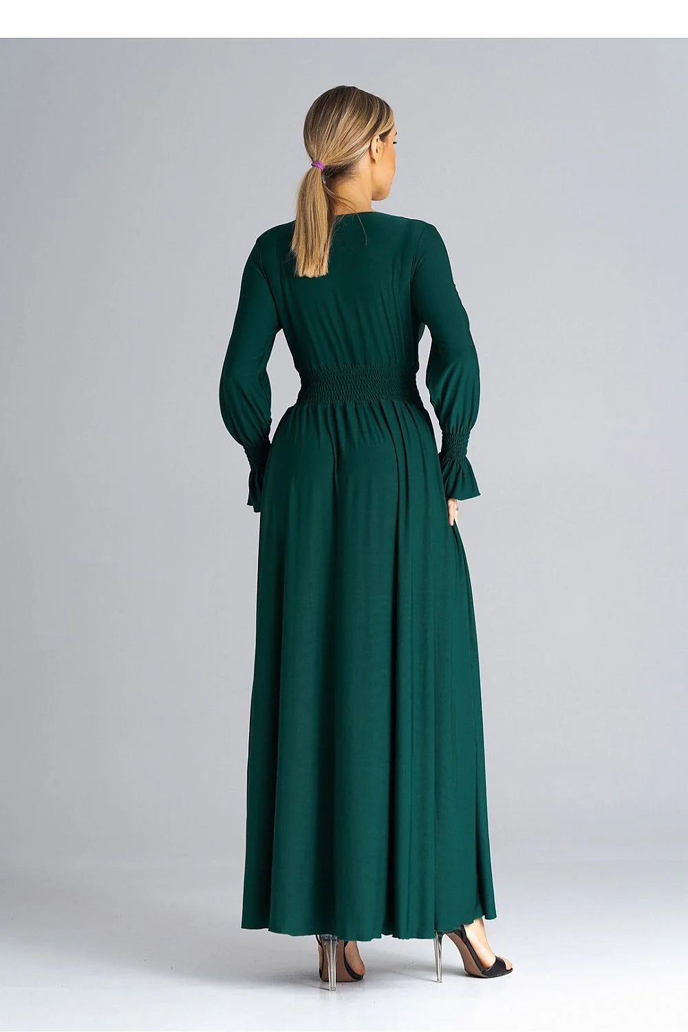 Robe longue élégante pour femme vert foncé manches longues en V fente haute taille ajustable soirée occasion spéciale