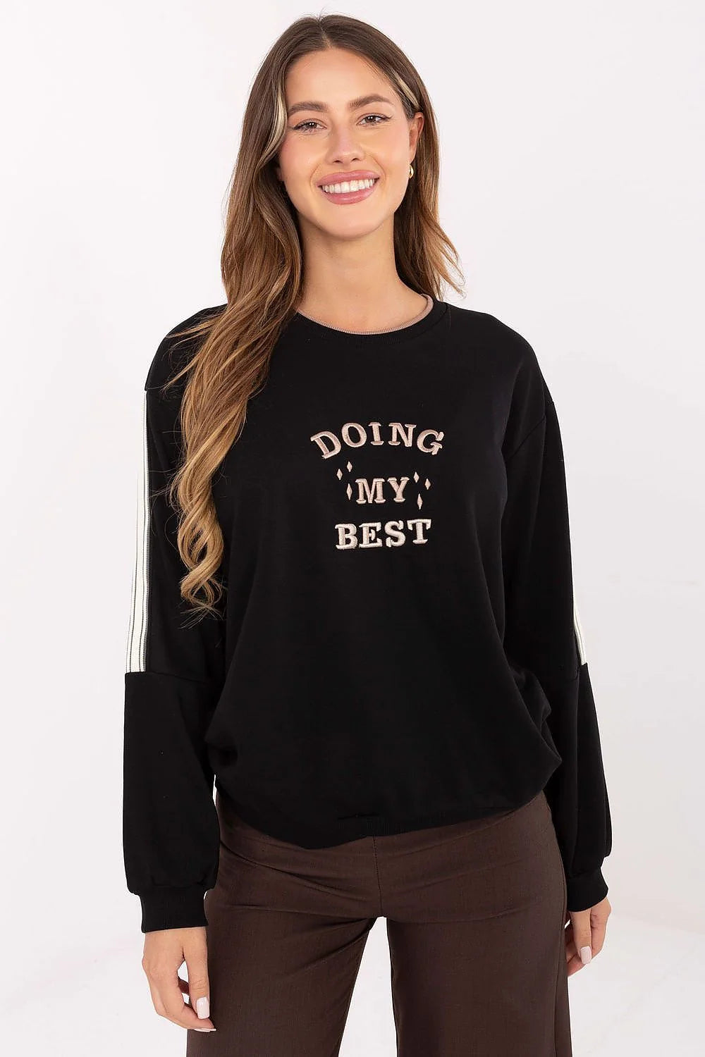 sweatshirt femme oversize noir molletonné col rond manches longues ballon bandes blanches lettrage DOING MY BEST broderies casual chic