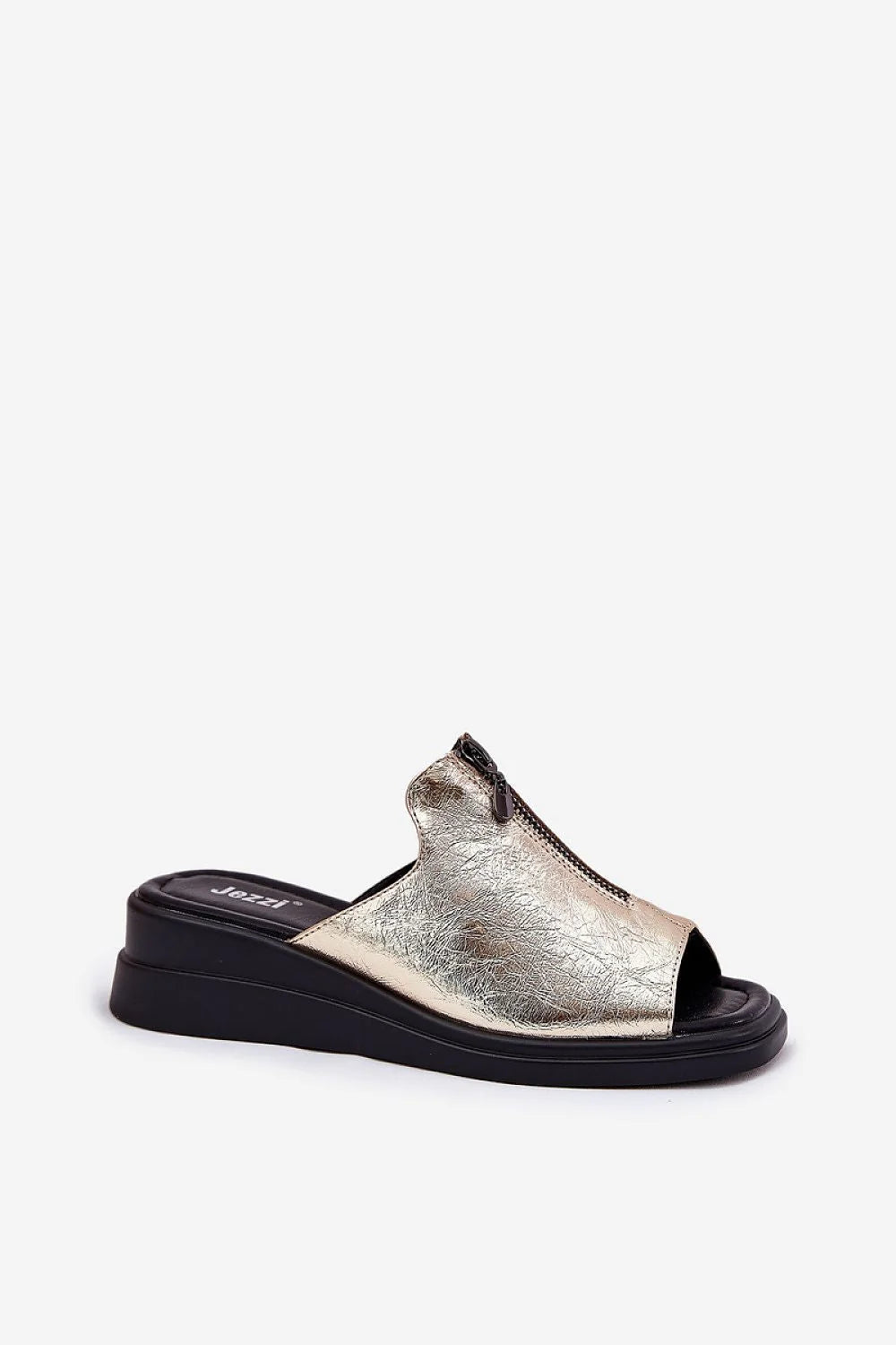 Sandales dorées métalliques pour femmes, style moderne, semelle noire, fermeture éclair, confortable, talon compensé