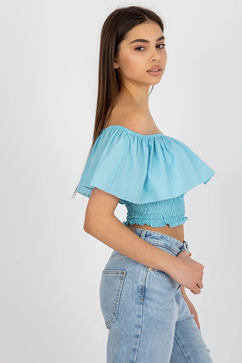chemisier court bohème coton doux élasthanne léger bardot épaules dénudées volant large smocké extensible corsage fluide bleu ciel coupe courte