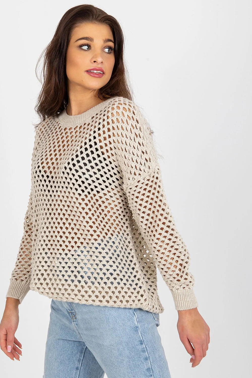 Pull oversize maille ajourée pour femme manches longues encolure ronde style casual couleurs neutres été printemps